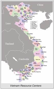Map showing locations of resource centers developed by Sao Mai and Vietnam Blind Assn. image of various resource centers in Vietnam
