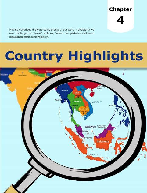 Cover image of Chapter 4, titled Country Highlights with an illustration map highlighting the east Asian countries through a magnifier
