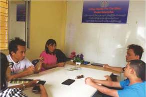 photo: a group of visually impaired persons sitting around a table testing the Myanmar Money Reader developed by LDB.